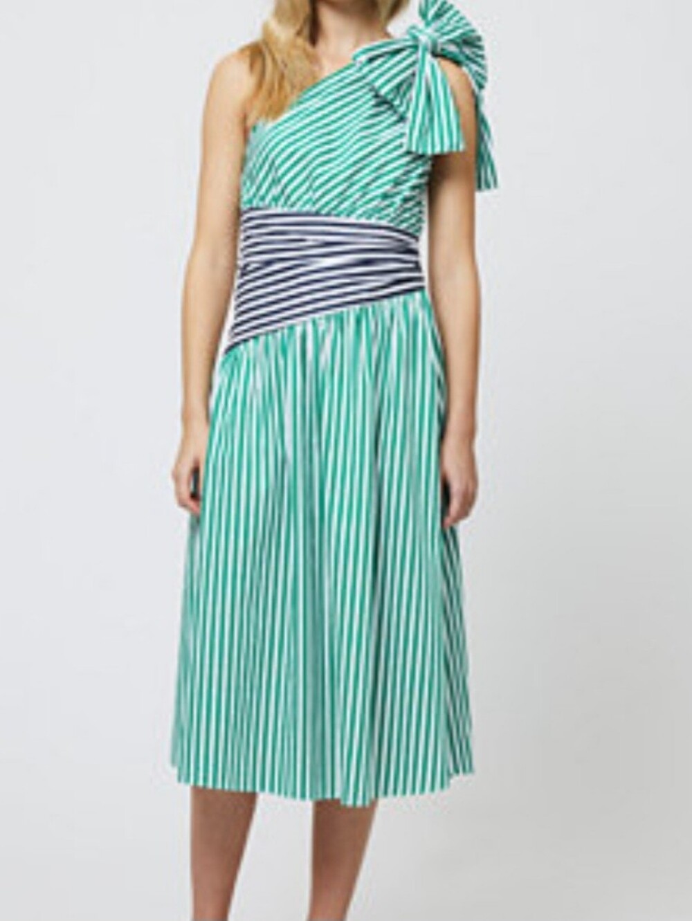 French Connection Mint Green and Navy One-Shoulder Striped Midi Dress UK 8 US4